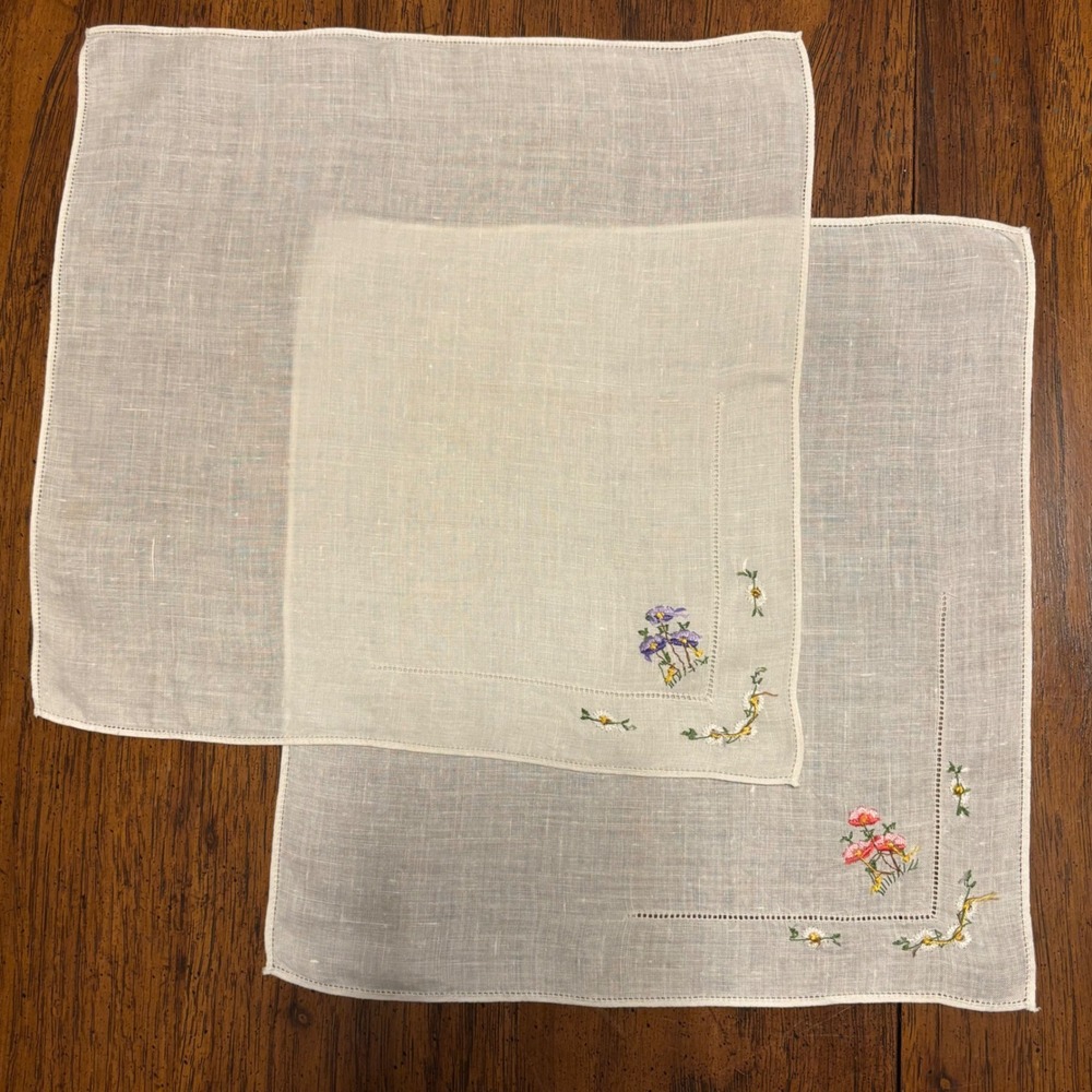 Vintage White Hand Embroidered Floral Linen Ladder Stitch Handkerchief Set 2pc